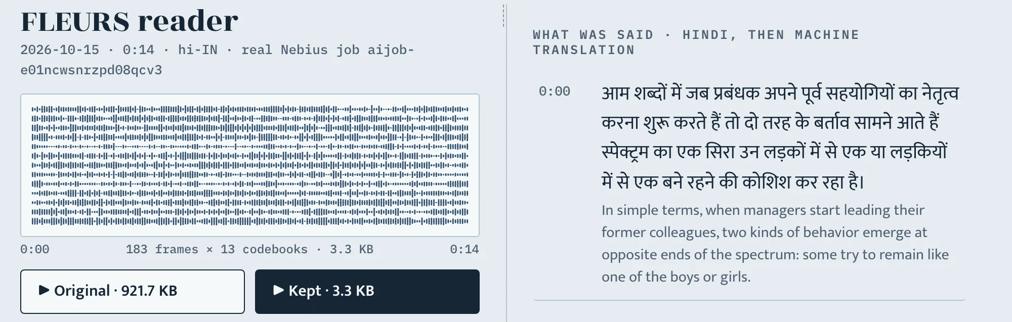 The deployed /judge page: the FLEURS note's token strip, Original and Kept buttons, and the Hindi transcript with its English gloss