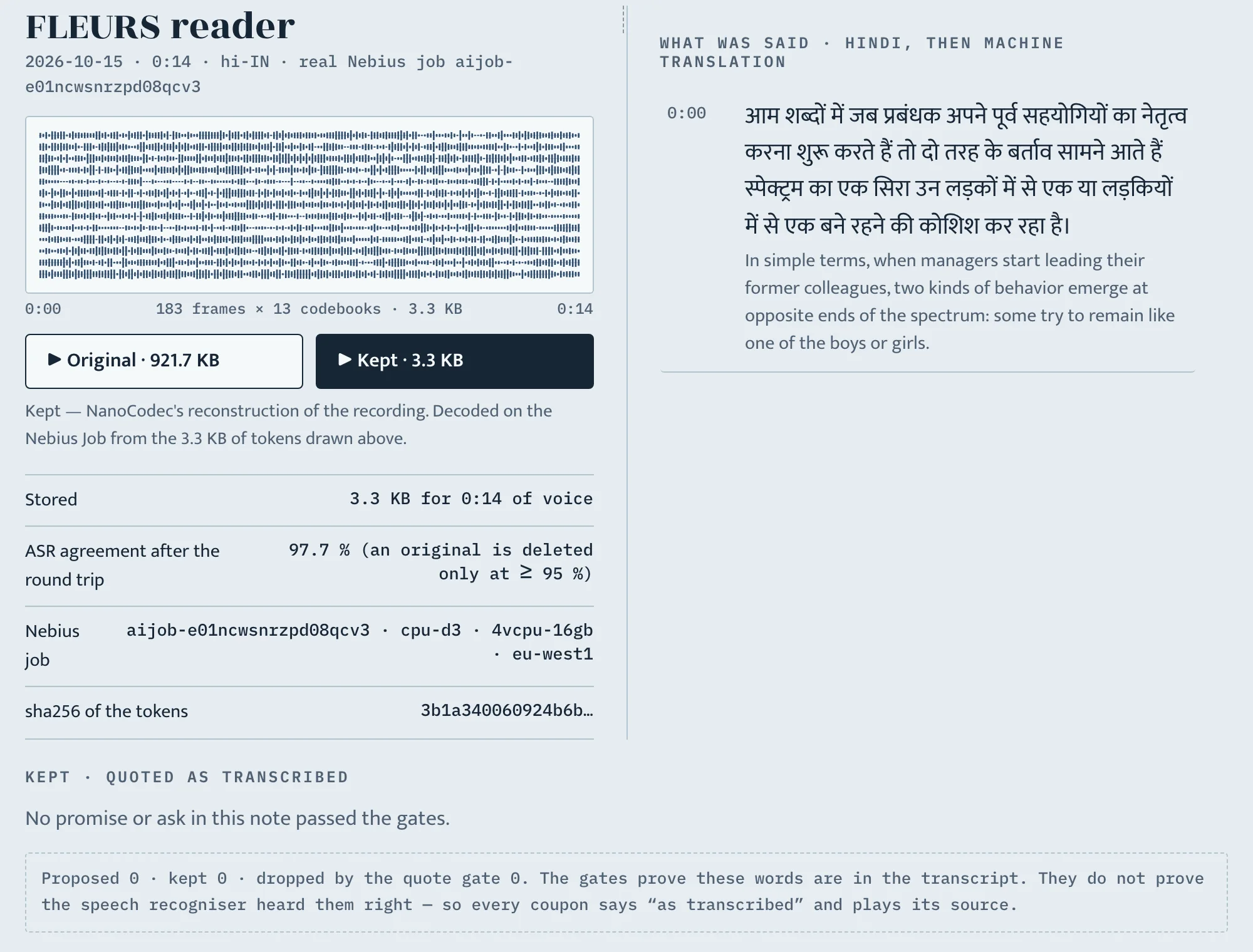 The deployed /judge page: the FLEURS note's token strip with Original and Kept buttons, the stored size, ASR agreement, Job ID and sha256, the Hindi transcript with its English gloss, and 'Proposed 0 · kept 0'